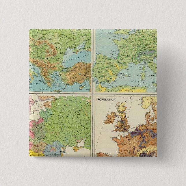 Europe physical features & population Map 2 Inch Square Button (Front)