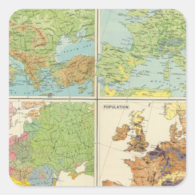 Europe physical features & population Map Square Sticker (Front)