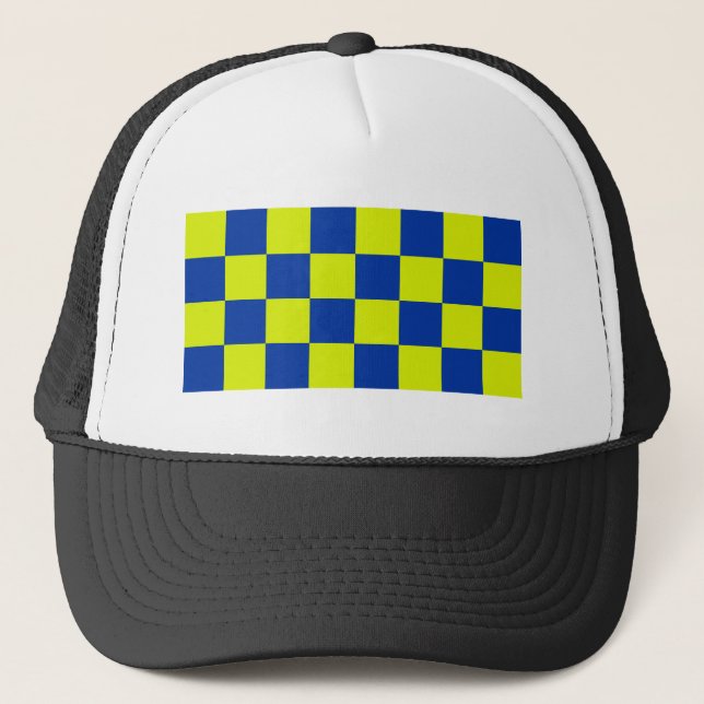 europe police colours square chekered security pat trucker hat (Front)