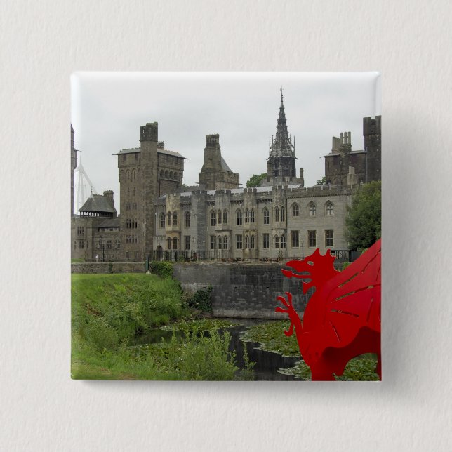 Europe, Wales, Cardiff. Cardiff Castle. Welsh 2 2 Inch Square Button (Front)
