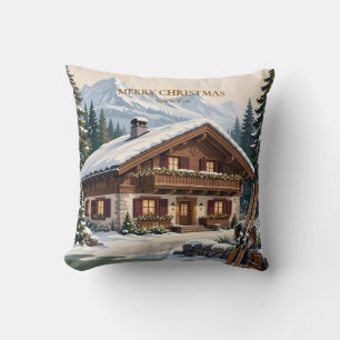 European Alpine Christmas- Snowy Mountain Winter Throw Pillow
