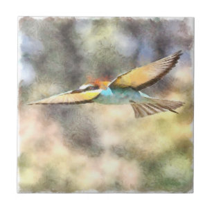 European Bee Eater In Flight Watercolor Tile