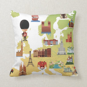 European Cartoon Map Throw Pillow