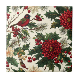 European Christmas Poinsettia Cream Red Green Tile