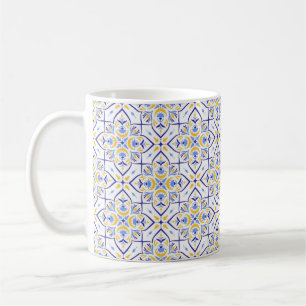 European Floral Blue and Gold Geometric Mosaic  Coffee Mug