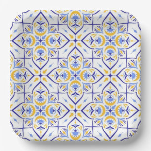 European Floral Blue and Gold Geometric Mosaic  Paper Plate