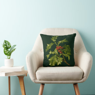 European-Holly With Red-Coloured Drupes Botanical- Throw Pillow
