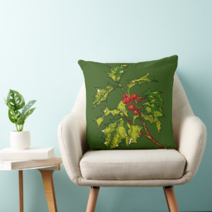 European-Holly With Red-Coloured Drupes Outlined Throw Pillow