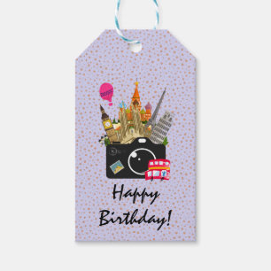 European Landmarks with a Camera Happy Birthday Gift Tags