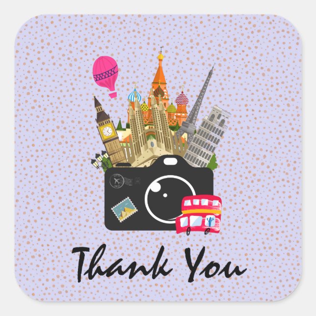 European Landmarks with a Camera Thank You Square Sticker (Front)