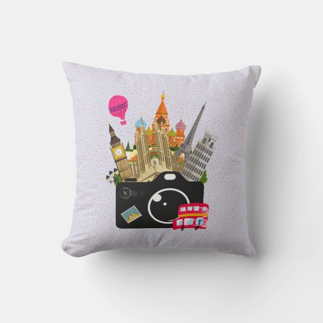 European Landmarks with a Camera Throw Pillow (Front)