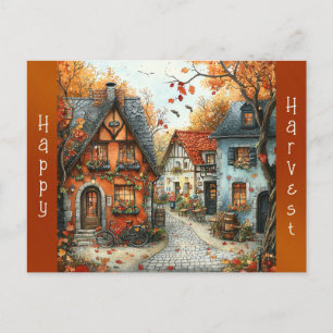 European Orange Autumn Village Illustration Holiday Postcard