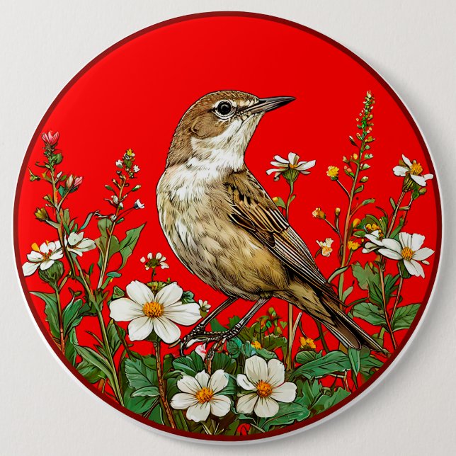 European Reed Warbler Bird Button Pin Gift (Front)
