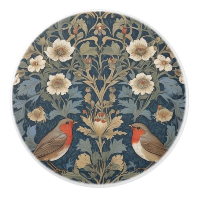 European Robin Bird Couple William Morris style Ceramic Knob (Front)