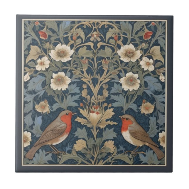 European Robin Bird Couple William Morris style Tile (Front)