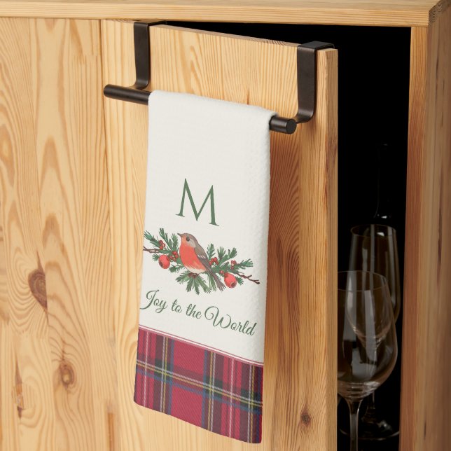 European Robin Bird Custom Monogram Christmas Kitchen Towel (Thirds Fold)