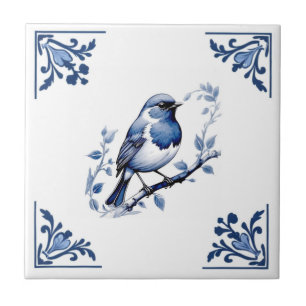 European Robin Bird Delft Blue White Floral Corner Tile