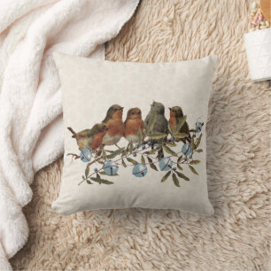 European Robin Bird Jingle Bell Snowflake Holiday Throw Pillow
