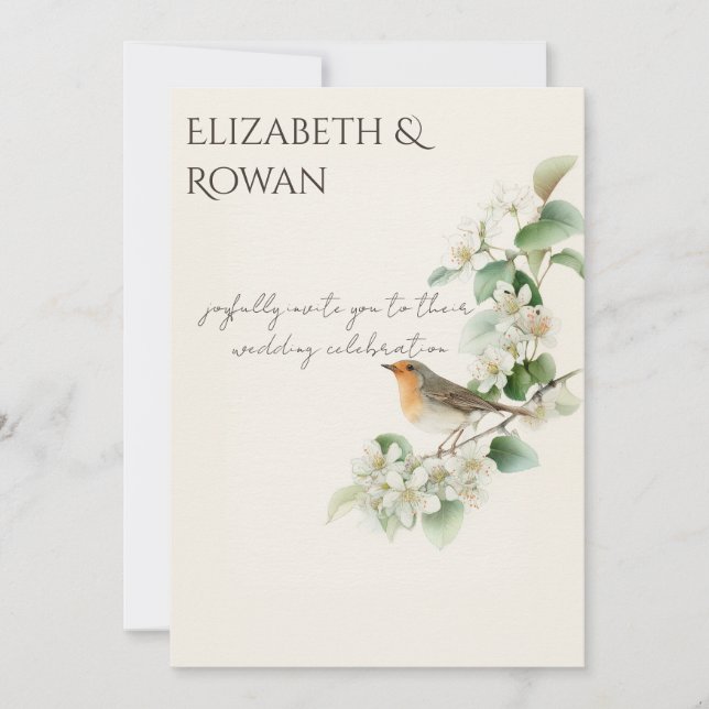 European Robin & Hawthorn – Editable Botanical Wed Invitation (Front)