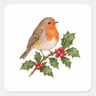 European Robin on a Holly Sprig Square Sticker