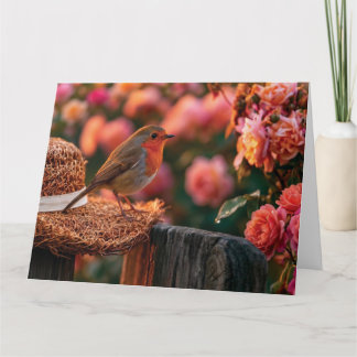 European Robin Perched on Straw Hat in Rose Garden Card