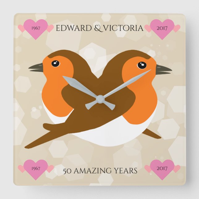 European Robins Lovebirds Any Year Anniversary Square Wall Clock (Front)