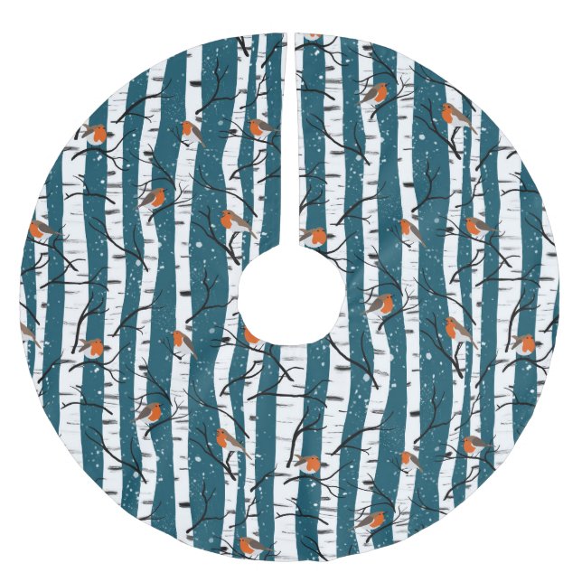 European Robins on Silver Birch in the Snow d blue Brushed Polyester Tree Skirt (Front)