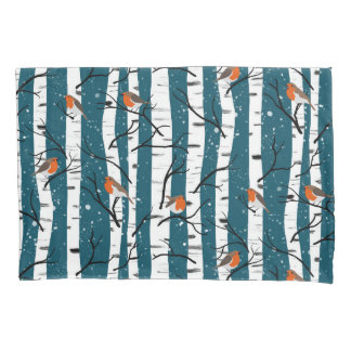 European Robins on Silver Birch in the Snow d blue Pillowcase