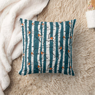 European Robins on Silver Birch in the Snow d blue Throw Pillow