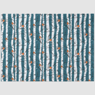 European Robins on Silver Birch in the Snow d blue Tissue Paper