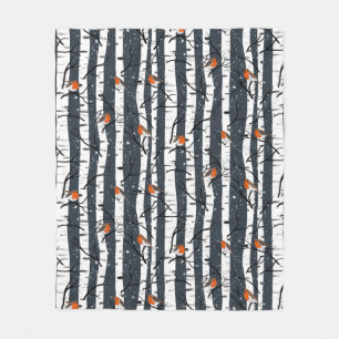 European Robins on Silver Birch in the Snow grey Fleece Blanket