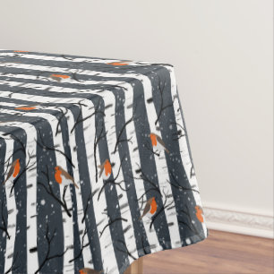 European Robins on Silver Birch in the Snow grey Tablecloth