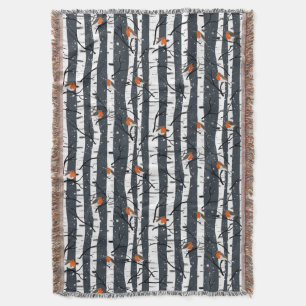 European Robins on Silver Birch in the Snow grey Throw Blanket