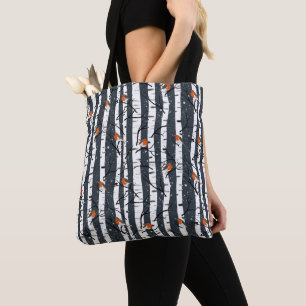 European Robins on Silver Birch in the Snow grey Tote Bag