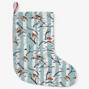 European Robins on Silver Birch in the Snow p blue Small Christmas Stocking