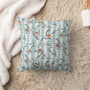 European Robins on Silver Birch in the Snow p blue Throw Pillow