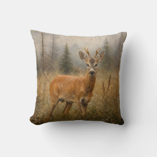 European Roe Buck Wildlife Painting Throw Pillow