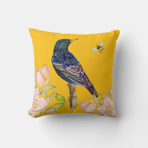 European Starling Bird Watercolor Wrapping Paper Throw Pillow