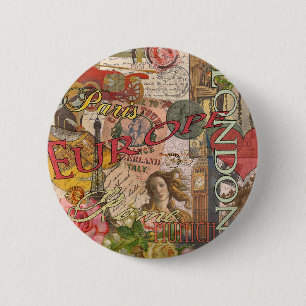European Travel Print Art London Rome Paris 2 Inch Round Button