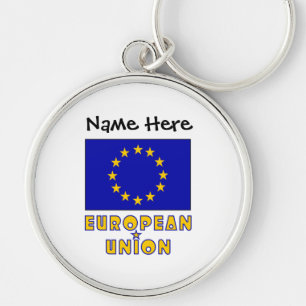 European Union and EU Flag with Your Name Keychain