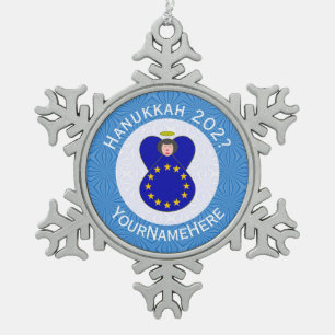 European Union Angel Hanukkah Flag Personalized Snowflake Pewter Christmas Ornament