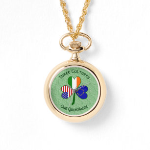 European Union Irish USA Shamrock Flag Personalize Watch