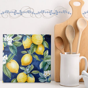 European Watercolor Lemons Pattern Navy Tile