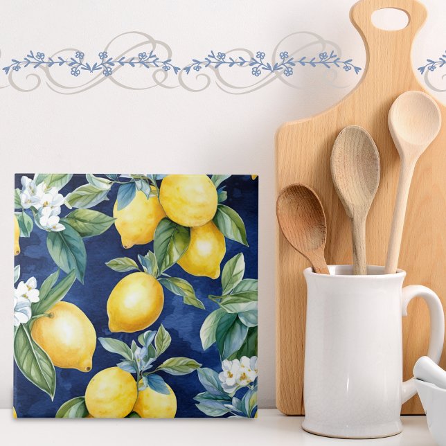 European Watercolor Lemons Pattern Navy Tile (Creator Uploaded)