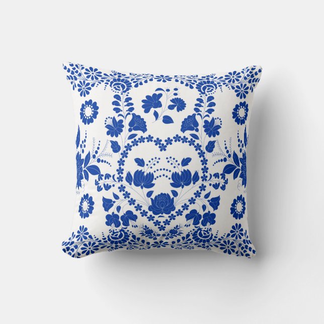 European White Blue Folk Art Pillow (Front)