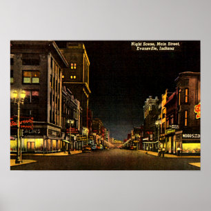 Evansville, Indiana Night Scene Main Street Poster