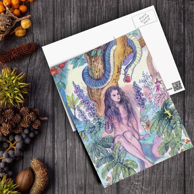 Eve Sitting in Gargen of Eden With snake Postcard (Illustration of Biblical Eve in tree with snake on postcard.)