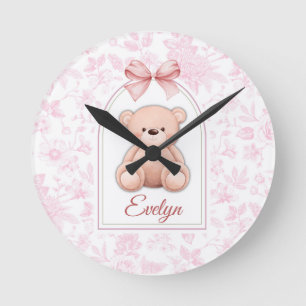 Evelyn Custom Pink Teddy Bear Nursery Design Round Clock