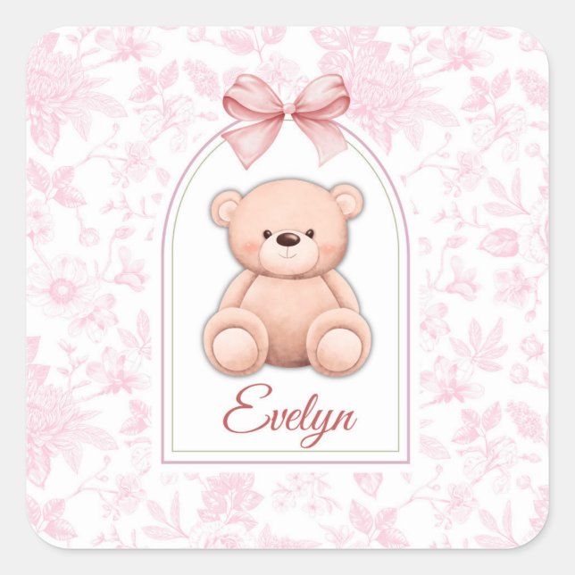 Evelyn | Custom Pink Teddy Bear Nursery Design  Square Sticker (Front)