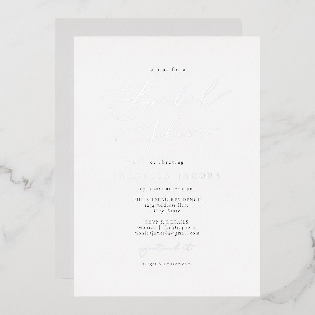 EVELYN Elegant Script Simple Silver Bridal Shower  (Front/Back)